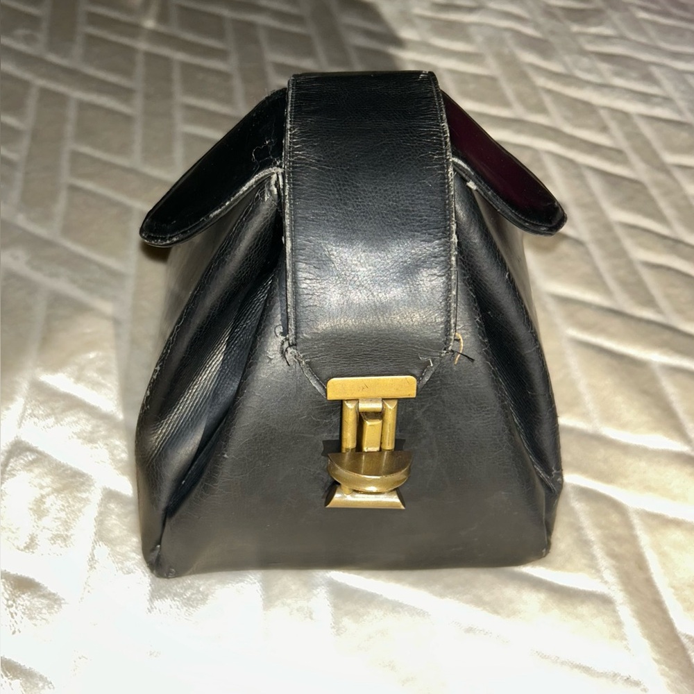 Surrey Original Vintage Black Leather Purse Clutch with Gold-Tone Clasp